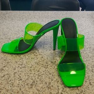Neon green heeled mules